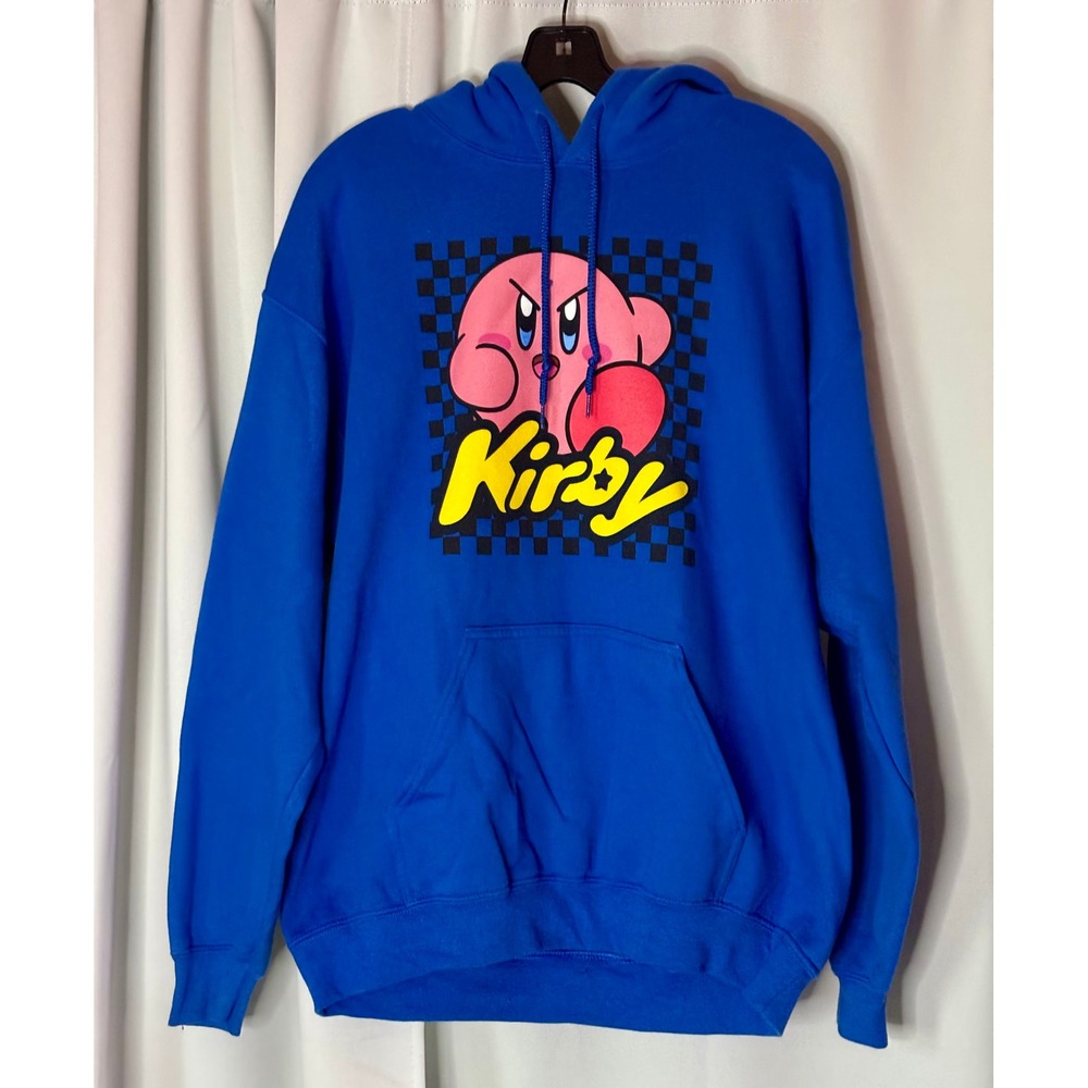 Nintendo Kirby Graphic Hoodie Mens Large Royal Blue Checkered Video Game